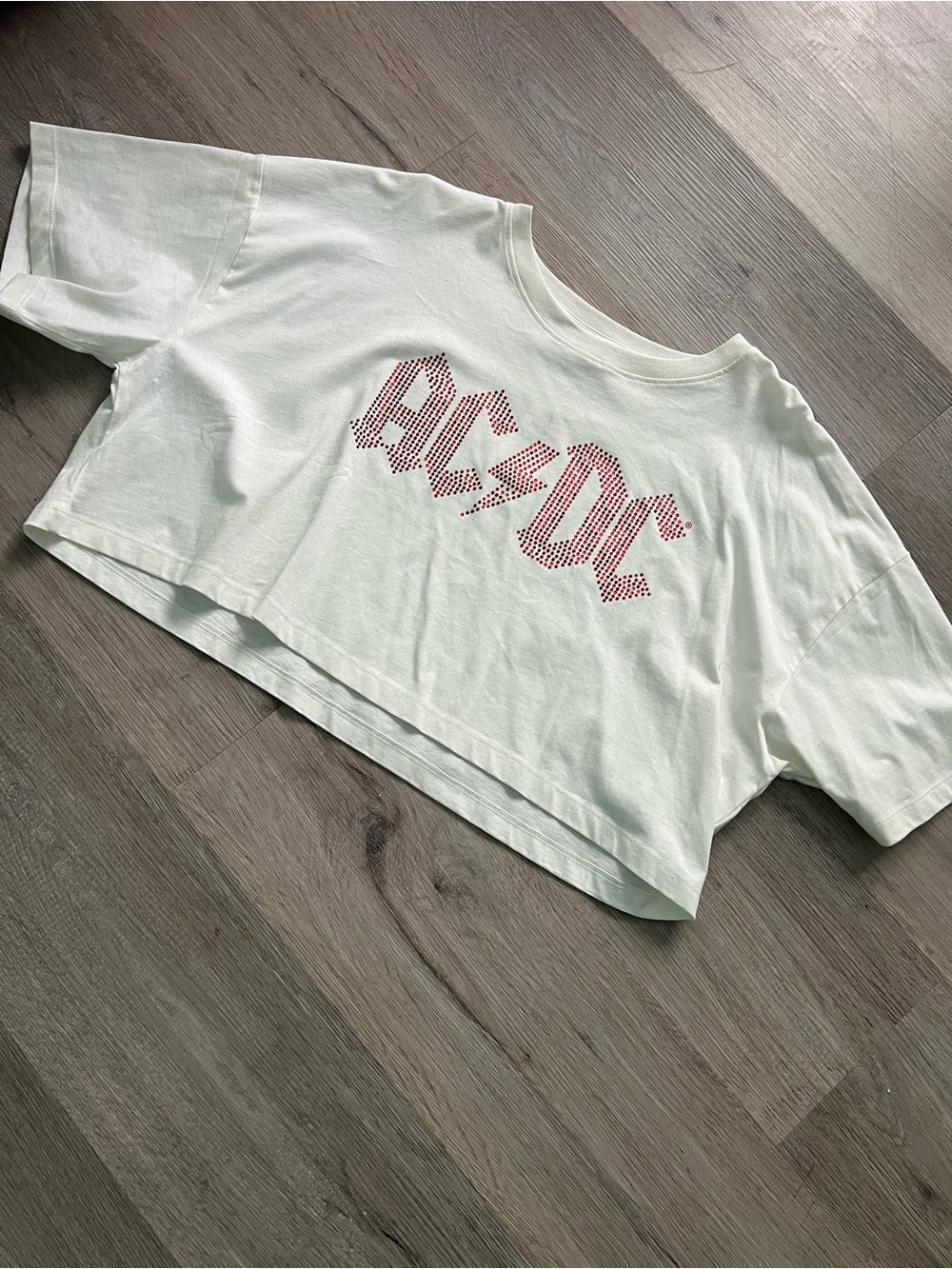 AC/DC White Cropped Tee with Pink Studded Logo